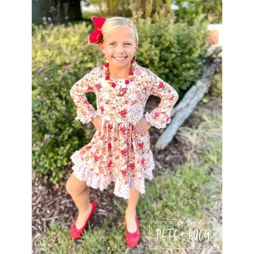 Deer and Roses Ruffle Dress by PETE + LUCY Winter Holiday Girls 10/12 NEW
